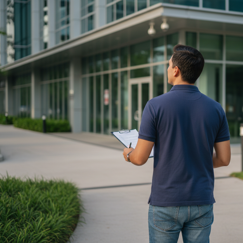 Man holding a tablet in front of a modern building