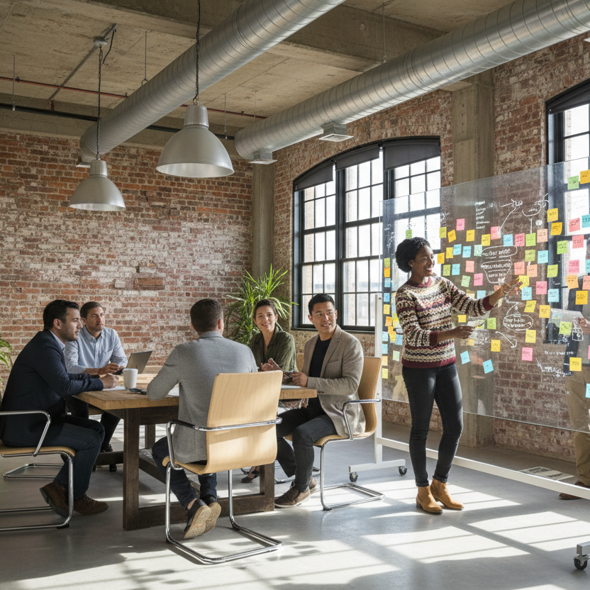 Group of people in a modern office setting with a whiteboard and colorful sticky notes.