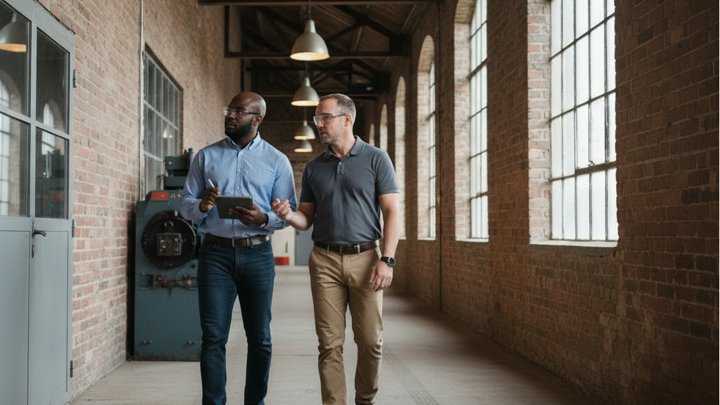 Two men walking and talking in a modern industrial setting with large windows and exposed brick walls.